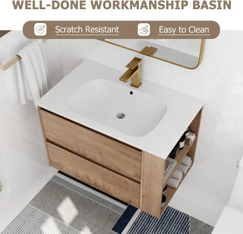 Vista 4 de SSLine Moderno tocador de baño flotante de 30 pulgadas con lavabo montado en la pared con lavabo superior y 2 cajones y estante abierto, armario