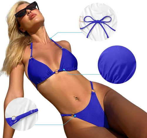 Vista 5 de Bikini sexy para mujer, 2 piezas, con tirantes delgados, color sólido, traje de baño triangular