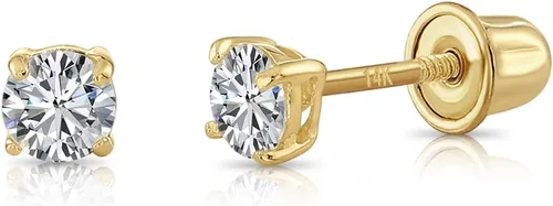 Vista 12 de Aretes de oro amarillo de 14k solitario con cubo y zirconia, con broches seguros