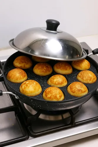 Vista 8 de Sartén antiadherente Appam – 12 hoyos con tapa de acero inoxidable para Appam, Paniyaram, Aebleskiver y Paddu Mango resistente al calor Appe Maker