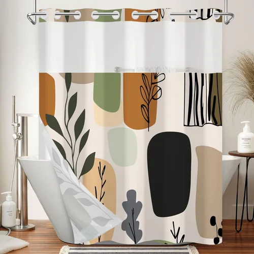 Vista 37 de No Hook Geometric Shower Curtain with Snap in Liner - 71″W x 74″L Waterproof Fabric with Mesh Top Window, Modern Abstract Triangle Design Bath