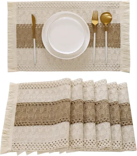 Vista 14 de Juego de 4 manteles individuales verdes de macramé para decoración de mesa con flecos, manteles individuales tejidos de arpillera natural para mesa