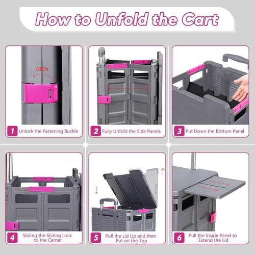 Vista 5 de Carrito plegable con ruedas giratorias, tapa magnética extendida, mango telescópico, ángulo ajustable para transportes, comestibles, oficina Gris