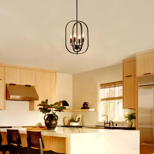 Vista 8 de XINGQI Modernas lámparas de araña para comedor, lámpara colgante rústica geométrica de granja de 31 cm, lámpara de techo de metal negro de 4 luces