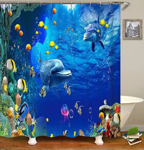 Vista 3 de OLEBETY - Juego de 4 cortinas de ducha con diseño de delfín, medusas de peces tropicales, algas marinas, vida marina, animales marinos, decoración