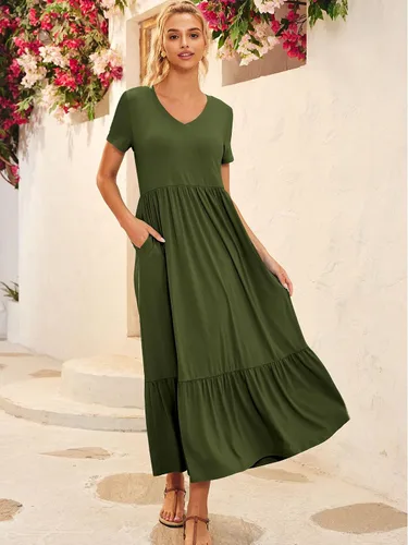 Vista 4 de LILLUSORY Vestidos casuales de manga corta con cuello en V y bolsillos para mujer