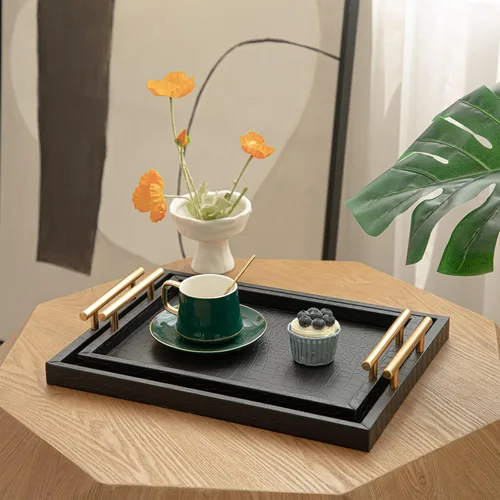 Vista 2 de Juego de 2 bandejas de servir grandes modernas y elegantes de madera, bandeja decorativa rectangular para otomana y mesa de café, de cuero