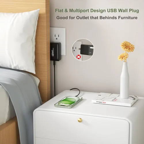 Vista 2 de Bloque de cargador plano USB C, enchufe de pared de carga rápida OKRAY 40W 4 puertos tipo C PD3.0&QC3.0 Multiport Charger Slim Travel Power