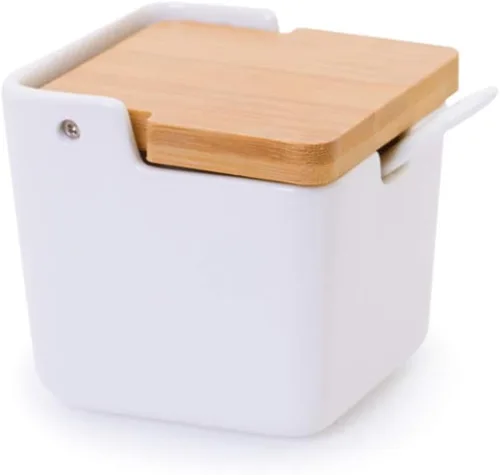 Vista 8 de Recipiente de cerámica con tapa y cuchara de bambú, tarro de porcelana de 9.1 onzas líquidas para pimienta con etiqueta de pizarra, para C-001