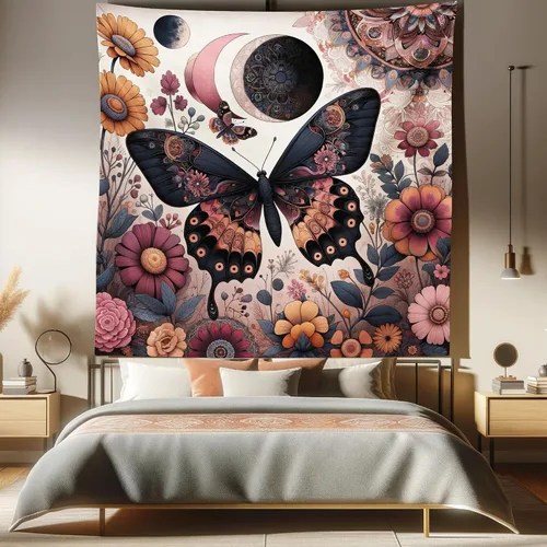 Vista 114 de Ambesonne Tapiz bohemio, diseño floral de bruja, luna y mariposa con adornos de mandala, decoración de tela para colgar en la pared para dormitorio