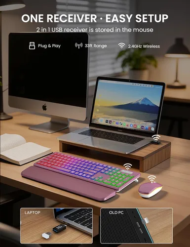 Vista 5 de Wireless Keyboard and Mouse Combo, RGB Backlit, Rechargeable & Light Up Letters, Full-Size, Soft Typing, Sleep Mode, 2.4GHz Quiet Keyboard Set for