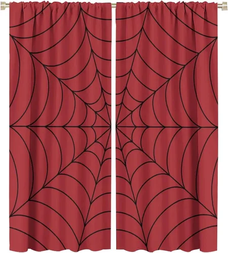 Vista 29 de Cortinas opacas de tela de araña aterradora para niños, tela de araña en blanco y negro, fondo rojo, dormitorio de niños, guardería, decoración