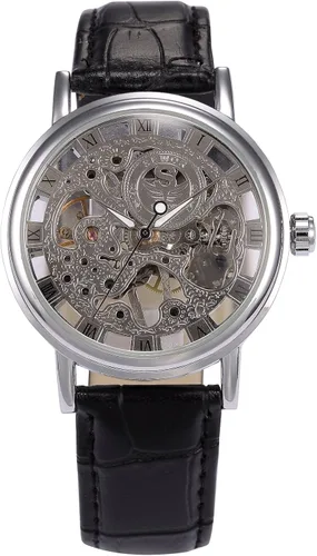 Vista 2 de Reloj de pulsera mecánico para hombre, correa de cuero con cuerda de esqueleto, plateado, Reloj esquelético, mecá