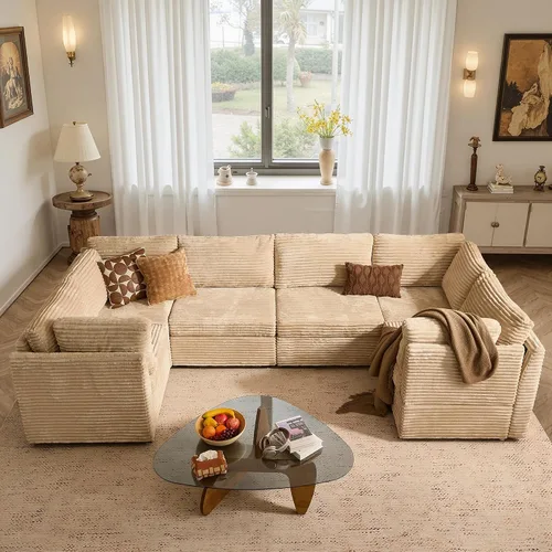 Vista 33 de Ovios - Sofá modular con diván en forma de U y otomanas, cómodo y mullido, tapizado en pana estilo nube, moderno, asiento profundo, juego de sofás