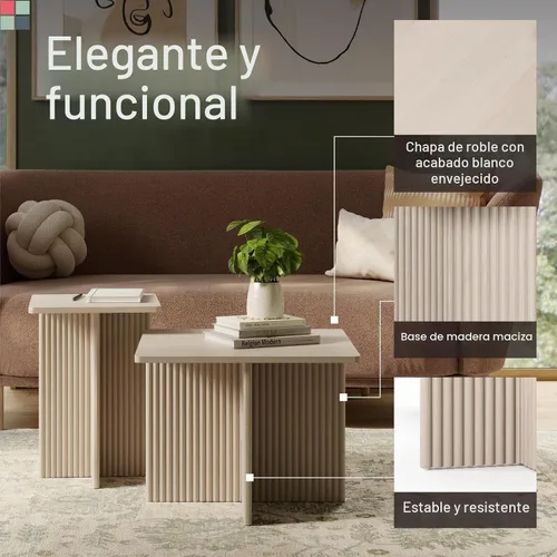 Vista 5 de Stead Juego de mesa auxiliar cuadrada anidable, mesa central con base de roble acanalado para sala de estar, juego de conjunto de chapa de grano