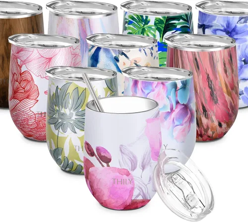 Vista 5 de THILY Vaso de vino aislado de acero inoxidable de 12 onzas, copa de vino sin tallo con tapa deslizante y popote de metal, taza de viaje que mantiene