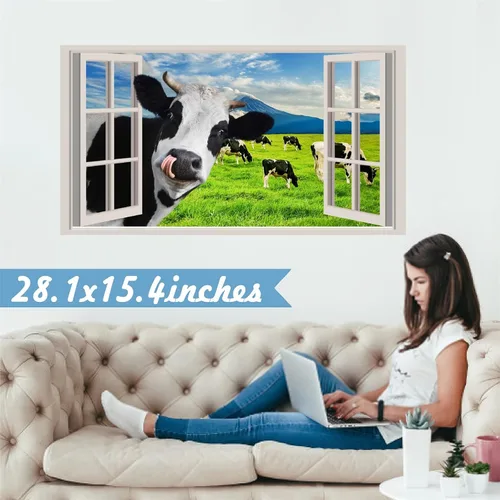 Vista 7 de Divertidas calcomanías de pared de vaca que se asoman, calcomanías de pared de vaca para despegar y pegar, calcomanías 3D falsas para decoración