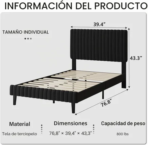 Vista 2 de BarnFurin Marco de Cama Individual, Cama Plataforma Tapizada en Terciopelo con Cabecero y Pie de Cama con Canales Verticales Acolchados, No Requiere