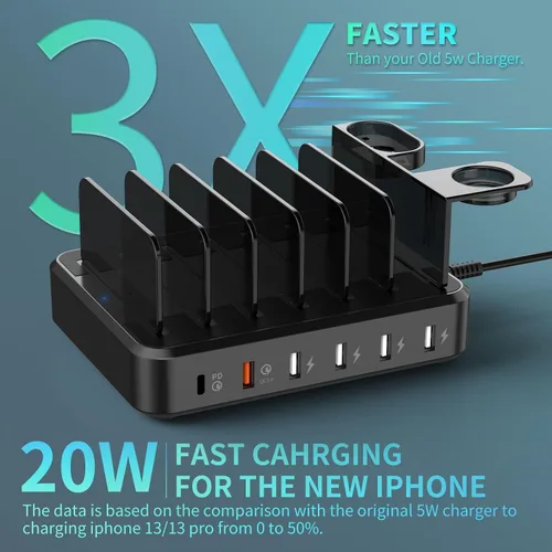 Vista 4 de Estación de carga para múltiples dispositivos, estación de carga USB de 68W y 6 puertos con carga rápida USB-C PD de 20W, 8 cables compatibles