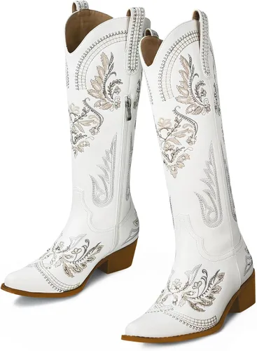 Vista 3 de CORNMOOD Botas vaqueras bordadas para mujer, botas vaqueras occidentales de moda con cremallera y tacón de madera Wodden