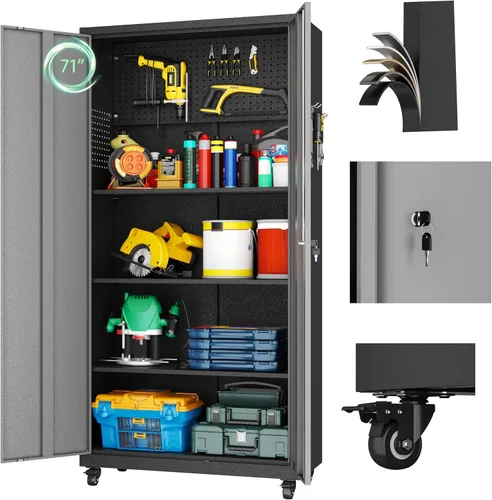 Vista 8 de Metal Garage Cabinet with 4 Wheels,4 Door Black Metal Storage with Lock,71" H Tool Storage Cabinets with Adjustable Shelves for Utility Negro