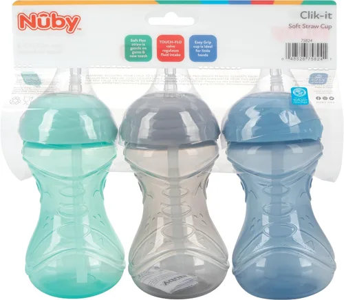 Vista 6 de Nuby Vaso de 3 Piezas Antiderrames de Fácil Agarre con Popote Flexible, Función Clik It Lock, Neutro, 10 Onzas