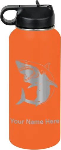 Vista 54 de LaserGram Botella de agua personalizada, gran tiburón blanco, acero inoxidable de doble pared aislada al vacío con popote superior, regalo grabado