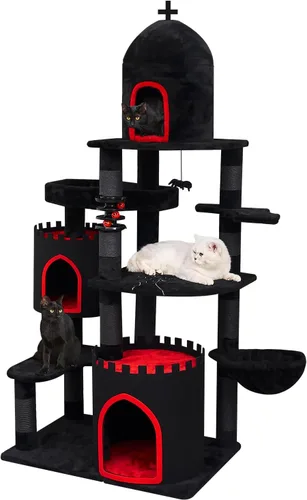 Vista 8 de YARUOMY - Árbol gótico para gatos con cama de ataúd, torre para gatos de 55" con amplio condominio para gatos, postes para rascar, bola colgante