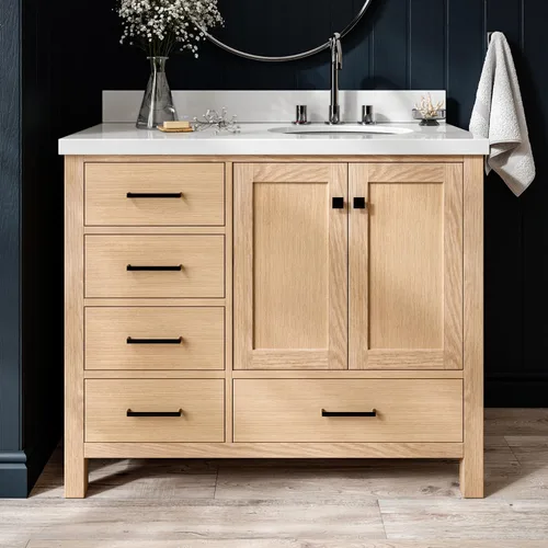Vista 25 de ARIEL Cambridge tocador de baño con fregadero, madera maciza, encimera y protector contra salpicaduras de cuarzo blanco puro de 1.5 pulgadas