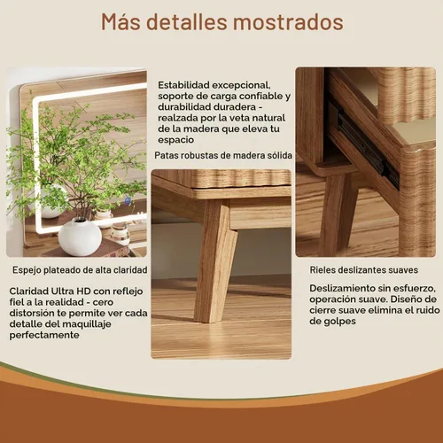 Vista 7 de Escritorio grande de maquillaje con espejo y luces, escritorio de tocador con 6 cajones y estantes de almacenamiento, mesa de tocador con toma