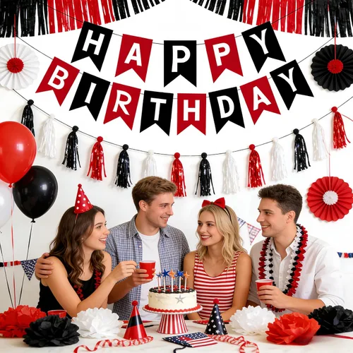 Vista 4 de Cartel de feliz cumpleaños negro y rojo – Guirnalda de letras de bricolaje, pancartas colgantes para pared y puerta, decoraciones de fiesta