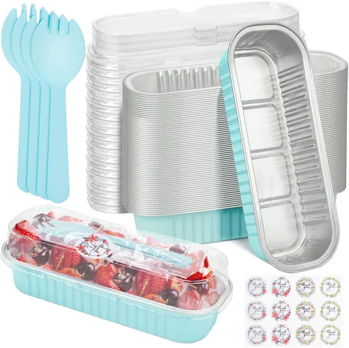 Vista 13 de Paquete de 100 mini moldes para pan de Navidad con tapas, mini moldes para pasteles con tapas y cucharas, moldes de papel de aluminio de 6.8 onzas