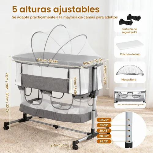 Vista 2 de Moisés para bebé, cuna mecedora 3 en 1, moisés de noche para bebé con mosquitera, lados de malla completa, 5 alturas ajustables, cuna estable
