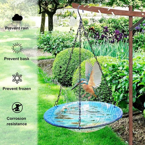 Vista 5 de Baño colgante para pájaros, de cristal al aire libre, comedero para pájaros con patrón de textura azul-naranja para decoración de jardín y patio