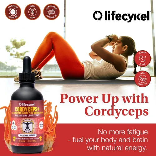 Vista 6 de Life Cykel Cordyceps - Extracto de hongo con ciruela Kakadu, apoyo de energía, resistencia y vitalidad, suplemento natural para el envejecimiento