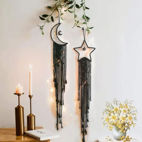 Vista 7 de Tarklanda Decoración de atrapasueños de luna y estrella, 2 piezas boho para el hogar, luna y estrella, macramé para colgar en la pared, decoración
