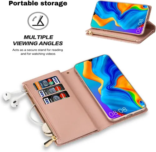 Vista 4 de Funda de teléfono para Huawei P30 Lite/Nova 4E con protector de pantalla de vidrio templado y correa para la muñeca Bling Glitter Flip Zipper