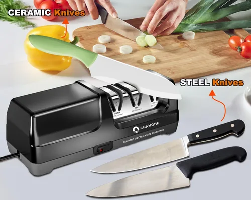 Vista 4 de Afilador eléctrico de cuchillos de cocina, abrasivos de diamante de 3 etapas de grano 360, grano 600 y grano 1000 para afilar cuchillos de acero