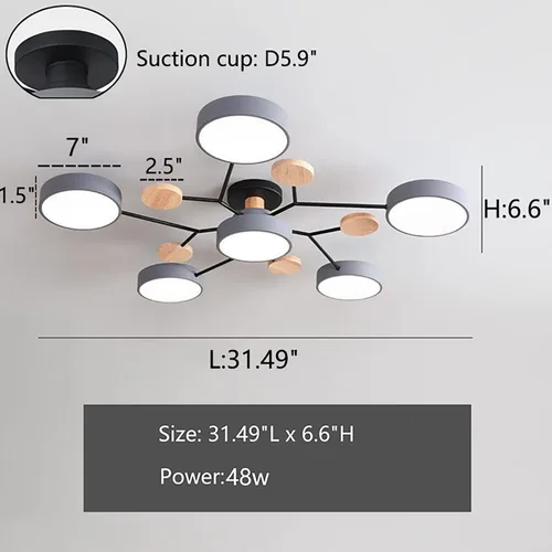 Vista 3 de Lámpara de techo LED regulable, 6 luces de techo modernas de 32 pulgadas, lámpara de techo de madera de 48 W para sala de estar, dormitorio, cocina