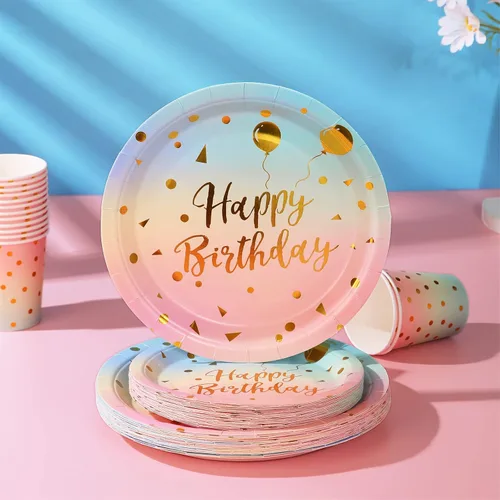 Vista 6 de Juego de 200 platos y servilletas para fiesta de cumpleaños, platos desechables para cumpleaños, platos de papel arcoíris, servilletas y tazas