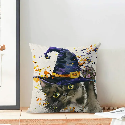 Vista 2 de Juego de 2 fundas de almohada de Halloween de 18 x 18 pulgadas, fundas decorativas de Halloween con sombrero de gato y bruja, fundas de almohada