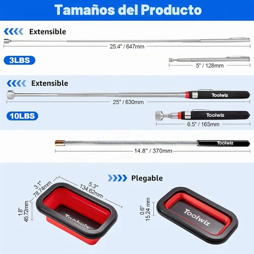 Vista 7 de Toolwiz Juego de 4 herramientas magnéticas de recuperación de recogida con bandeja de piezas - Varillas magnéticas extensibles y flexibles