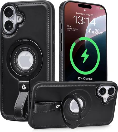 Vista 34 de Butaiga - Funda para iPhone 12 Pro Max con correa de cuero, soporte de anillo, color negro Finger Loop, Relieve Smartphone Pinky Strain