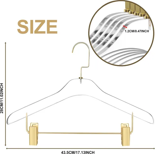 Vista 5 de Perchas acrílicas transparentes de calidad 40 para faldas y pantalones, elegante colgador con ganchos dorados, organizador de armario para adultos