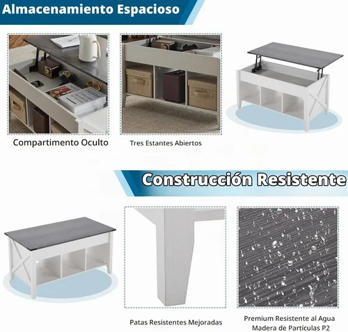 Vista 3 de VINGLI Farmhouse - Mesa de centro elevable, mesa de sala de estar de 37.8 Gris blanco