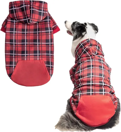 Vista 30 de EXPAWLORER Sudadera con capucha para perro a cuadros, estilo británico, suéter cálido para perro con agujero para correa, ropa de pitbull, ropa