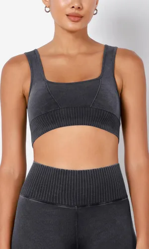 Vista 3 de ODODOS Sujetador deportivo sin costuras con cuello cuadrado para mujer, camiseta sin mangas acanalada, casual, espalda baja