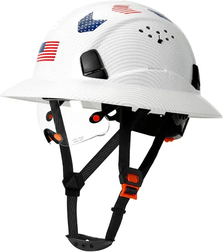 Vista 11 de Casco duro de ala completa con patrón de fibra de carbono con visera, casco de seguridad de construcción aprobado por la OSHA para hombres