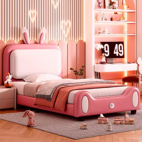 Vista 9 de Cama de plataforma, base de cama tapizada de cuero con cabecera de adorno de conejo, ideal para el dormitorio o apartamento de un niño