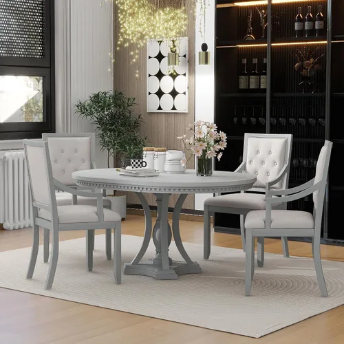 Vista 19 de Knocbel Juego de mesa extensible para 4-6, mesa de comedor redonda ovalada con 4 sillas tapizadas, juegos retro de 5 piezas con base de madera